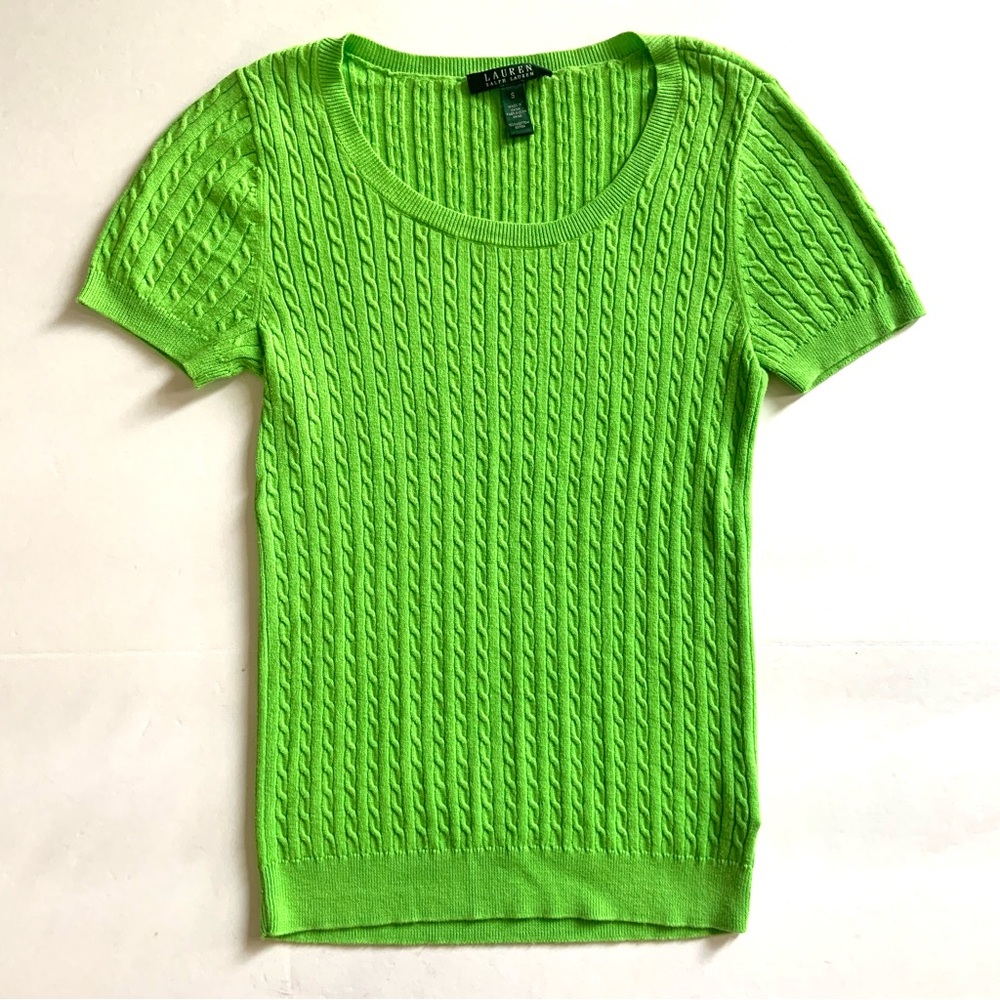 Ralph Lauren Green Cable Knit Sweater Small Women Short Sleeve Bright Cotton